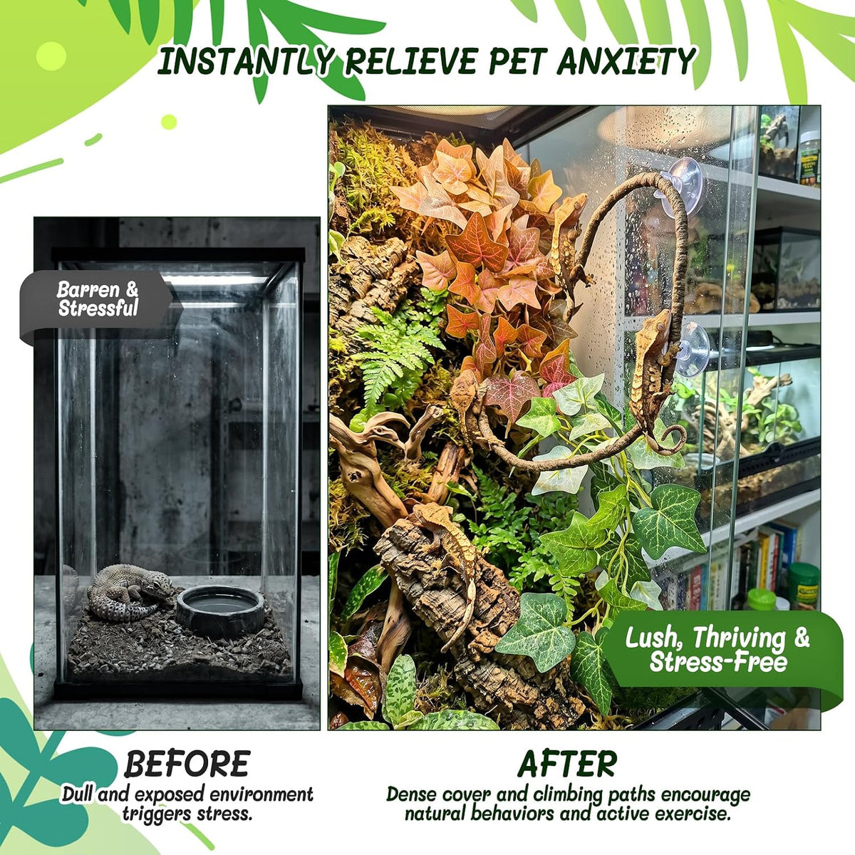 3PC Reptile Terrarium Habitat Decor Kit – Realistic Artificial Reptile Plants with Hanging Vine, Resin Stone Base – Jungle Rainforest Habitat & Climbing for Lizard & Amphibians (Syngonium)