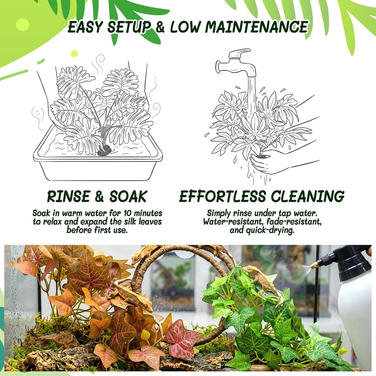 3PC Reptile Terrarium Habitat Decor Kit – Realistic Artificial Reptile Plants with Hanging Vine, Resin Stone Base – Jungle Rainforest Habitat & Climbing for Lizard & Amphibians (Syngonium)