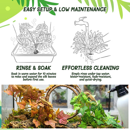 3PC Reptile Terrarium Habitat Decor Kit – Realistic Artificial Reptile Plants with Hanging Vine, Resin Stone Base – Jungle Rainforest Habitat & Climbing for Lizard & Amphibians (Syngonium)