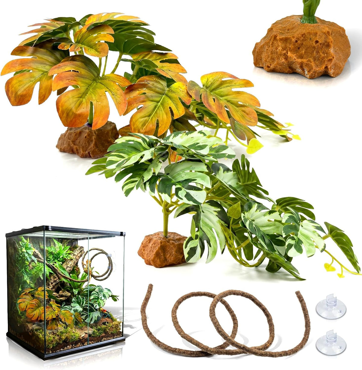 3PC Reptile Terrarium Habitat Decor Kit – Realistic Artificial Reptile Plants with Hanging Vine, Resin Stone Base – Jungle Rainforest Habitat & Climbing for Lizard & Amphibians (Syngonium)