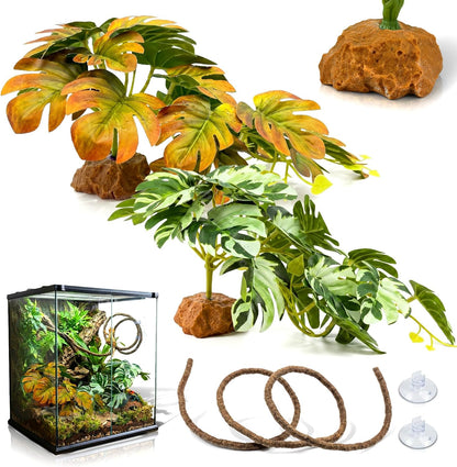 3PC Reptile Terrarium Habitat Decor Kit – Realistic Artificial Reptile Plants with Hanging Vine, Resin Stone Base – Jungle Rainforest Habitat & Climbing for Lizard & Amphibians (Syngonium)