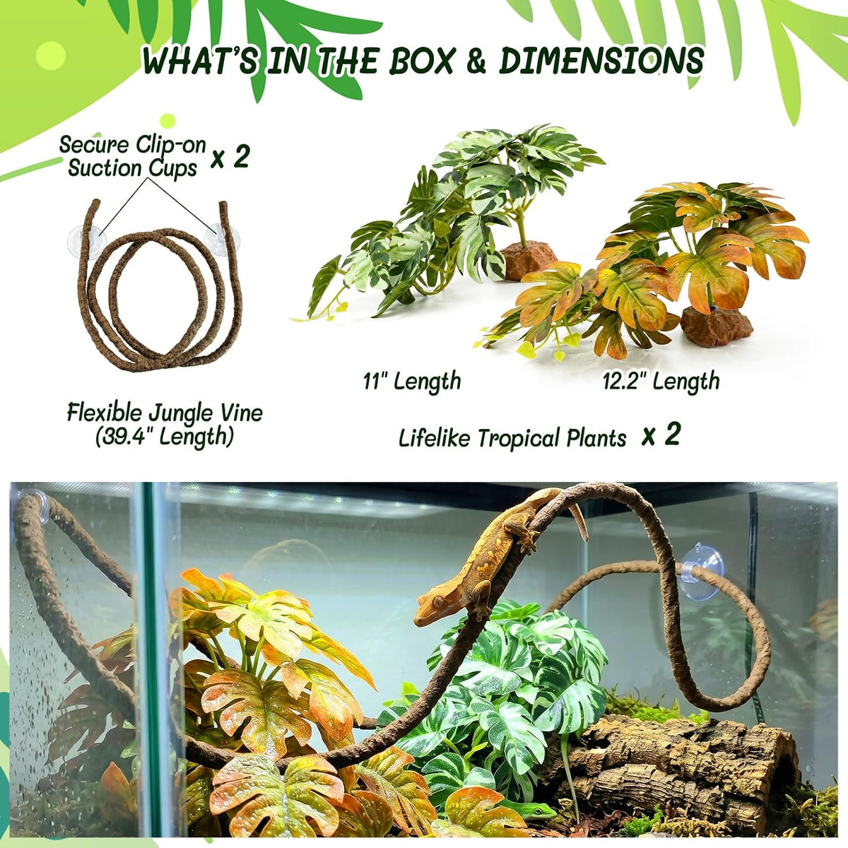 3PC Reptile Terrarium Habitat Decor Kit – Realistic Artificial Reptile Plants with Hanging Vine, Resin Stone Base – Jungle Rainforest Habitat & Climbing for Lizard & Amphibians (Syngonium)