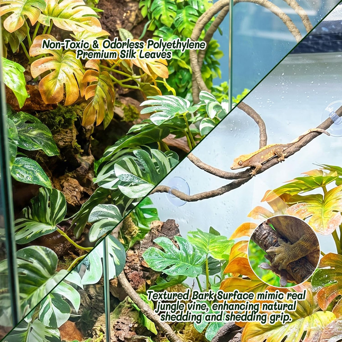 3PC Reptile Terrarium Habitat Decor Kit – Realistic Artificial Reptile Plants with Hanging Vine, Resin Stone Base – Jungle Rainforest Habitat & Climbing for Lizard & Amphibians (Syngonium)