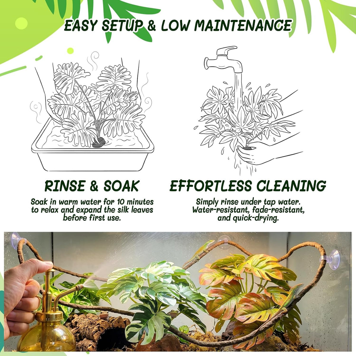 3PC Reptile Terrarium Habitat Decor Kit – Realistic Artificial Reptile Plants with Hanging Vine, Resin Stone Base – Jungle Rainforest Habitat & Climbing for Lizard & Amphibians (Syngonium)
