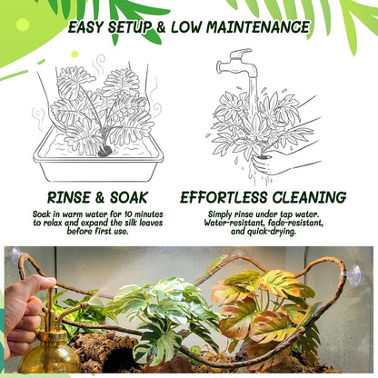3PC Reptile Terrarium Habitat Decor Kit – Realistic Artificial Reptile Plants with Hanging Vine, Resin Stone Base – Jungle Rainforest Habitat & Climbing for Lizard & Amphibians (Syngonium)