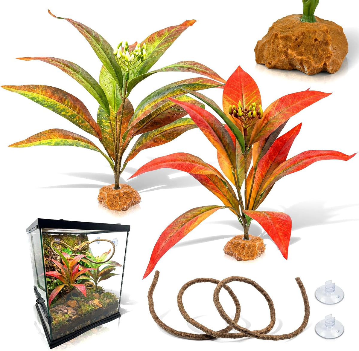 3PC Reptile Terrarium Habitat Decor Kit – Realistic Artificial Reptile Plants with Hanging Vine, Resin Stone Base – Jungle Rainforest Habitat & Climbing for Lizard & Amphibians (Syngonium)