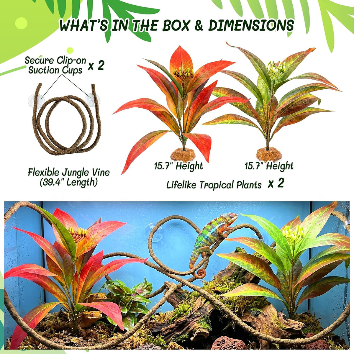 3PC Reptile Terrarium Habitat Decor Kit – Realistic Artificial Reptile Plants with Hanging Vine, Resin Stone Base – Jungle Rainforest Habitat & Climbing for Lizard & Amphibians (Syngonium)