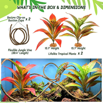 3PC Reptile Terrarium Habitat Decor Kit – Realistic Artificial Reptile Plants with Hanging Vine, Resin Stone Base – Jungle Rainforest Habitat & Climbing for Lizard & Amphibians (Syngonium)