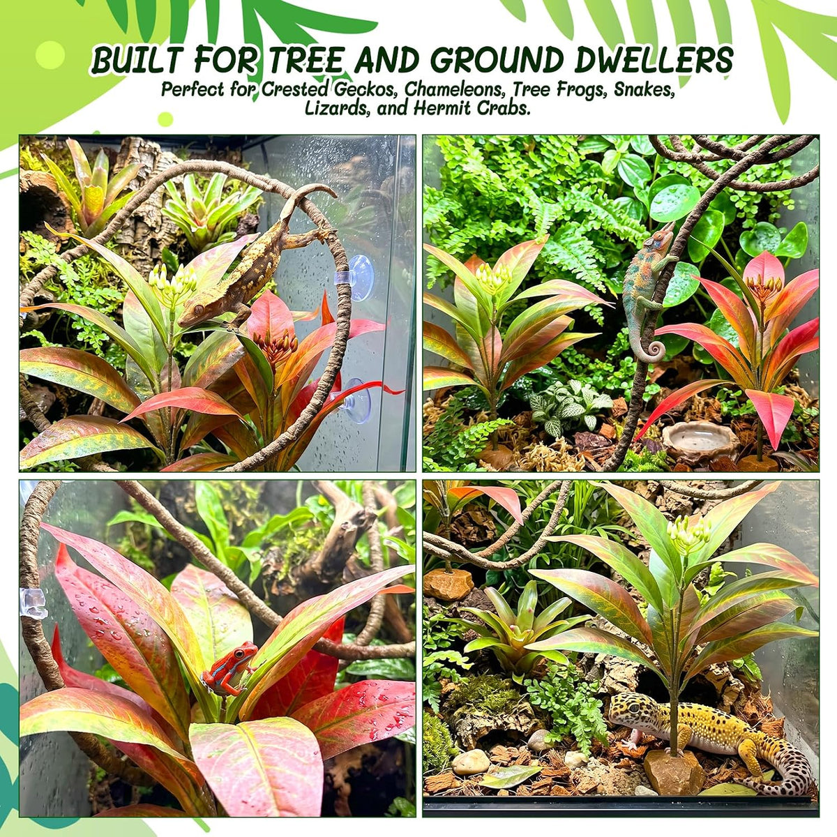 3PC Reptile Terrarium Habitat Decor Kit – Realistic Artificial Reptile Plants with Hanging Vine, Resin Stone Base – Jungle Rainforest Habitat & Climbing for Lizard & Amphibians (Syngonium)