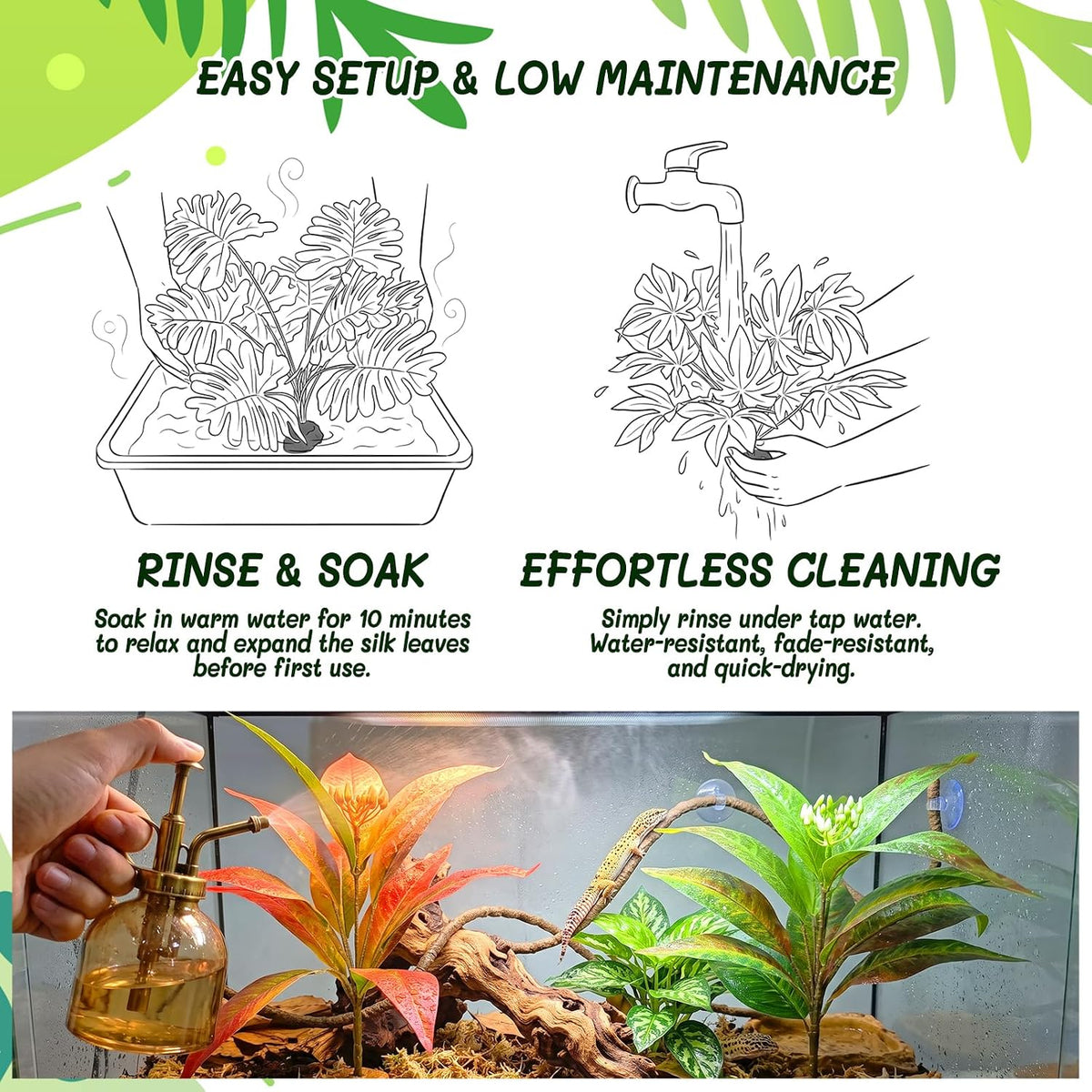 3PC Reptile Terrarium Habitat Decor Kit – Realistic Artificial Reptile Plants with Hanging Vine, Resin Stone Base – Jungle Rainforest Habitat & Climbing for Lizard & Amphibians (Syngonium)