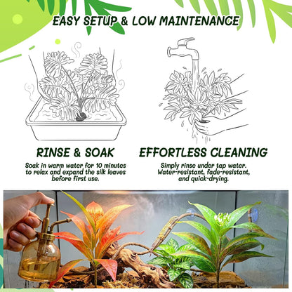 3PC Reptile Terrarium Habitat Decor Kit – Realistic Artificial Reptile Plants with Hanging Vine, Resin Stone Base – Jungle Rainforest Habitat & Climbing for Lizard & Amphibians (Syngonium)