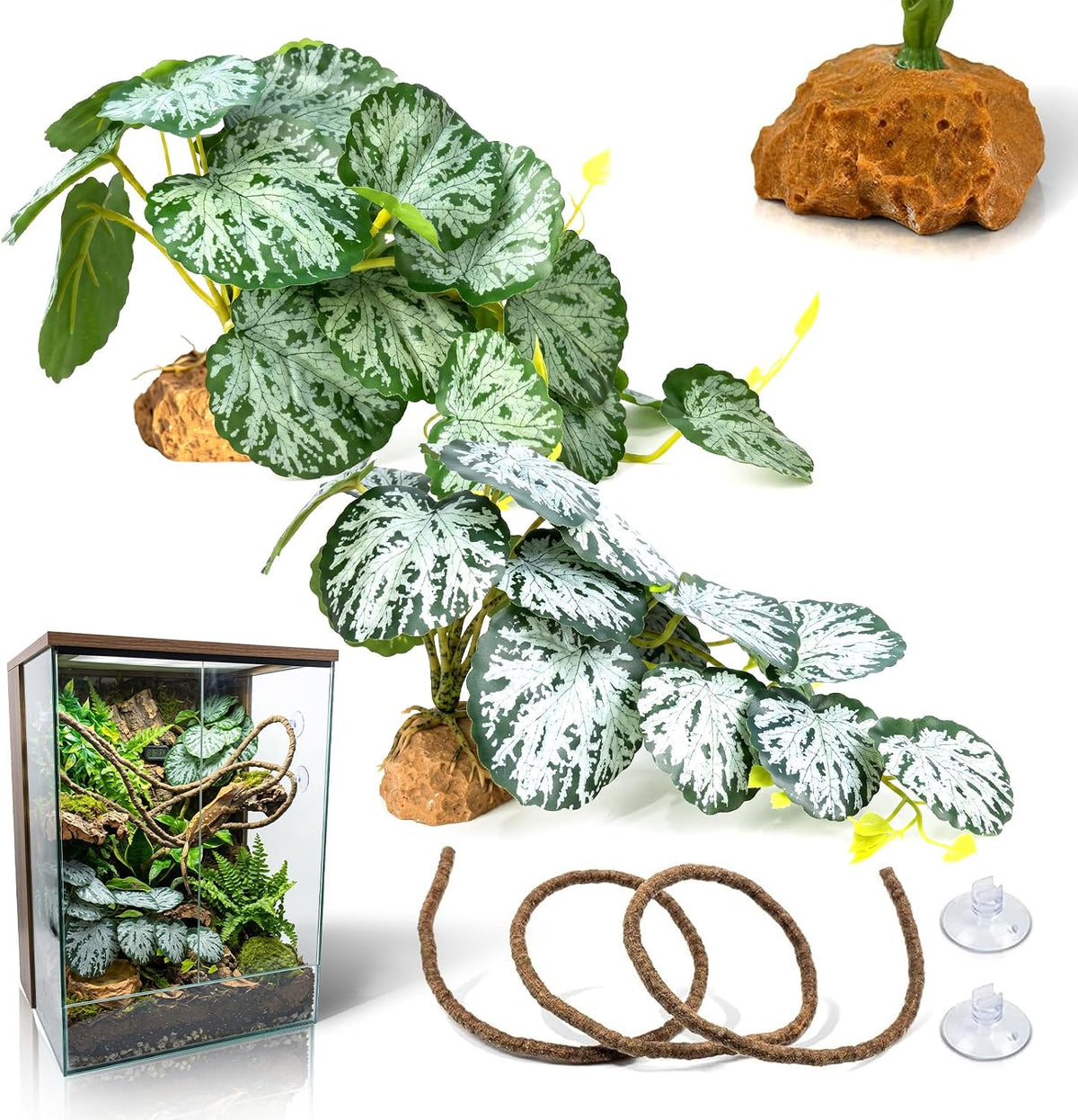 3PC Reptile Terrarium Habitat Decor Kit – Realistic Artificial Reptile Plants with Hanging Vine, Resin Stone Base – Jungle Rainforest Habitat & Climbing for Lizard & Amphibians (Syngonium)