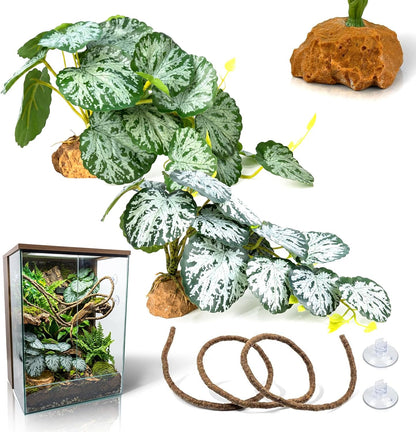 3PC Reptile Terrarium Habitat Decor Kit – Realistic Artificial Reptile Plants with Hanging Vine, Resin Stone Base – Jungle Rainforest Habitat & Climbing for Lizard & Amphibians (Syngonium)