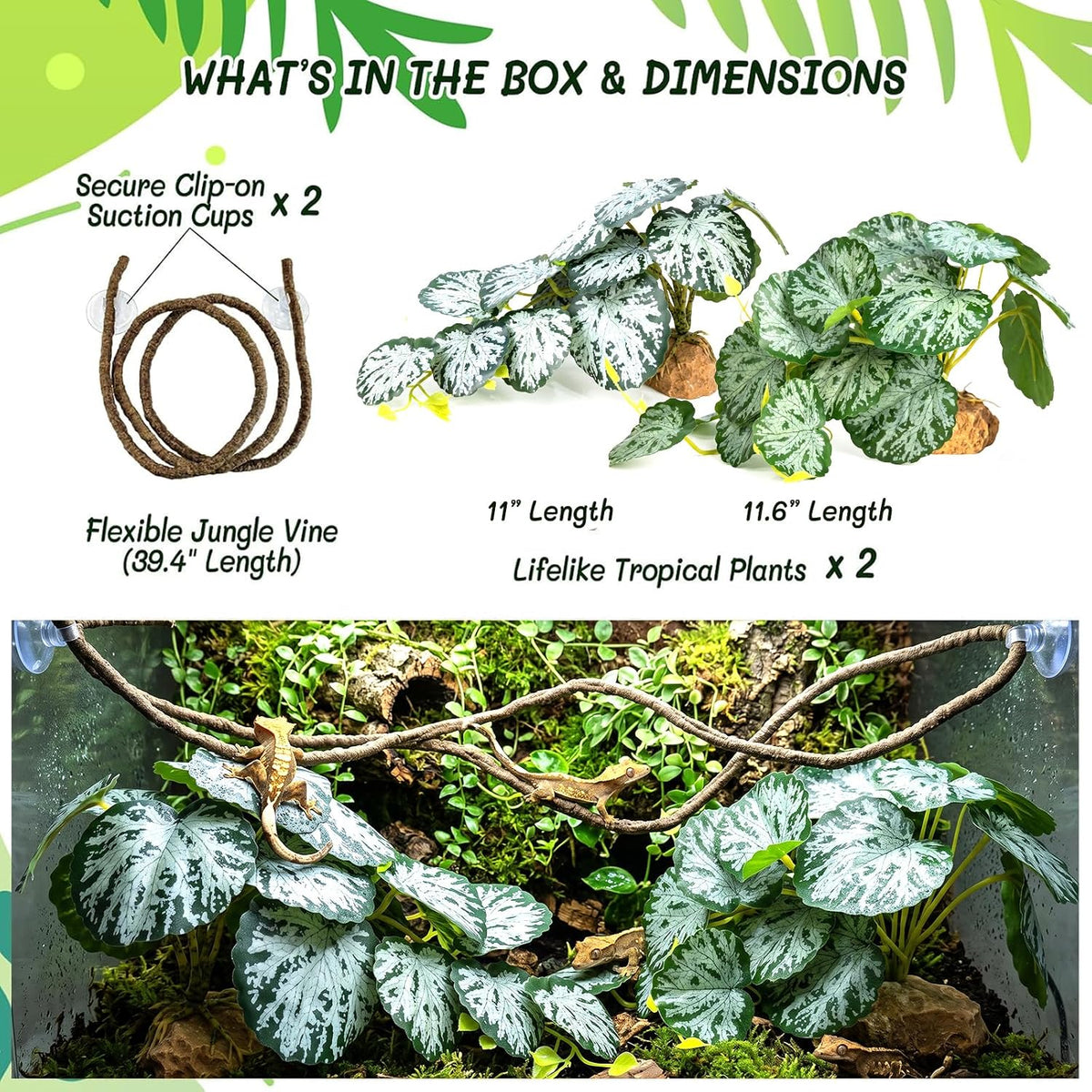 3PC Reptile Terrarium Habitat Decor Kit – Realistic Artificial Reptile Plants with Hanging Vine, Resin Stone Base – Jungle Rainforest Habitat & Climbing for Lizard & Amphibians (Syngonium)