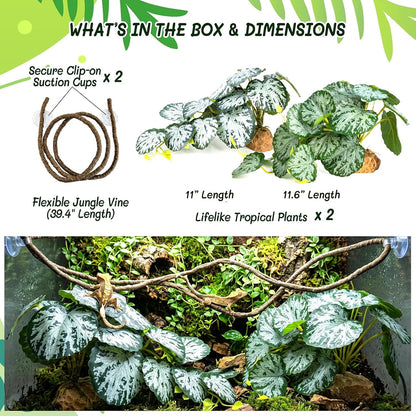3PC Reptile Terrarium Habitat Decor Kit – Realistic Artificial Reptile Plants with Hanging Vine, Resin Stone Base – Jungle Rainforest Habitat & Climbing for Lizard & Amphibians (Syngonium)
