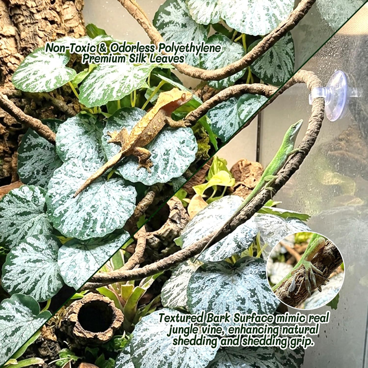 3PC Reptile Terrarium Habitat Decor Kit – Realistic Artificial Reptile Plants with Hanging Vine, Resin Stone Base – Jungle Rainforest Habitat & Climbing for Lizard & Amphibians (Syngonium)