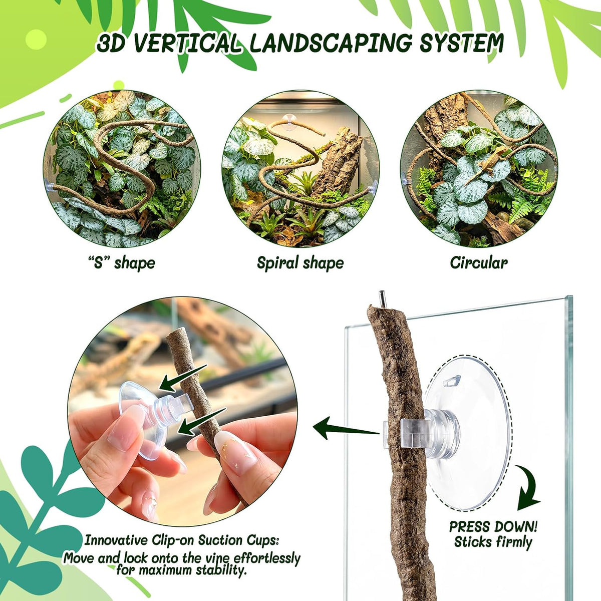 3PC Reptile Terrarium Habitat Decor Kit – Realistic Artificial Reptile Plants with Hanging Vine, Resin Stone Base – Jungle Rainforest Habitat & Climbing for Lizard & Amphibians (Syngonium)