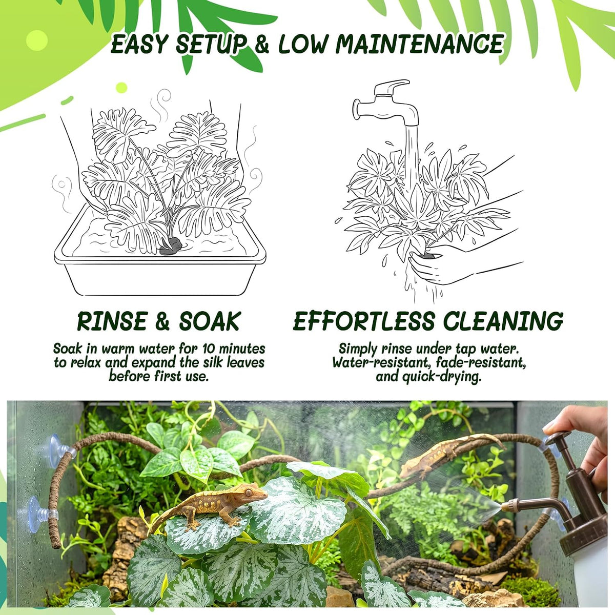 3PC Reptile Terrarium Habitat Decor Kit – Realistic Artificial Reptile Plants with Hanging Vine, Resin Stone Base – Jungle Rainforest Habitat & Climbing for Lizard & Amphibians (Syngonium)