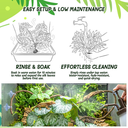 3PC Reptile Terrarium Habitat Decor Kit – Realistic Artificial Reptile Plants with Hanging Vine, Resin Stone Base – Jungle Rainforest Habitat & Climbing for Lizard & Amphibians (Syngonium)