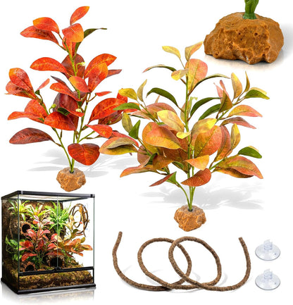 3PC Reptile Terrarium Habitat Decor Kit – Realistic Artificial Reptile Plants with Hanging Vine, Resin Stone Base – Jungle Rainforest Habitat & Climbing for Lizard & Amphibians (Syngonium)