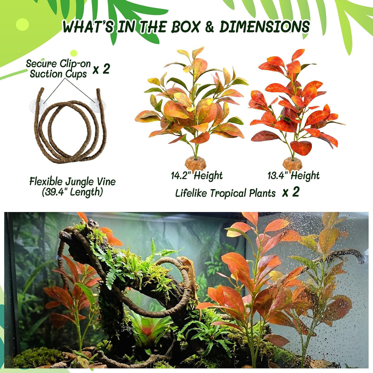 3PC Reptile Terrarium Habitat Decor Kit – Realistic Artificial Reptile Plants with Hanging Vine, Resin Stone Base – Jungle Rainforest Habitat & Climbing for Lizard & Amphibians (Syngonium)