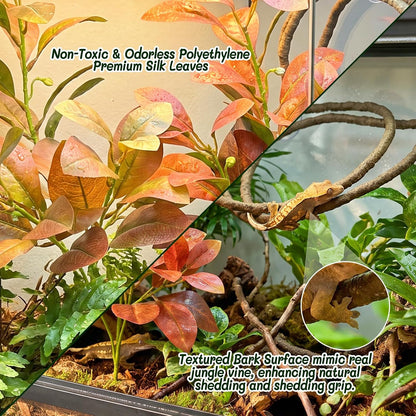3PC Reptile Terrarium Habitat Decor Kit – Realistic Artificial Reptile Plants with Hanging Vine, Resin Stone Base – Jungle Rainforest Habitat & Climbing for Lizard & Amphibians (Syngonium)