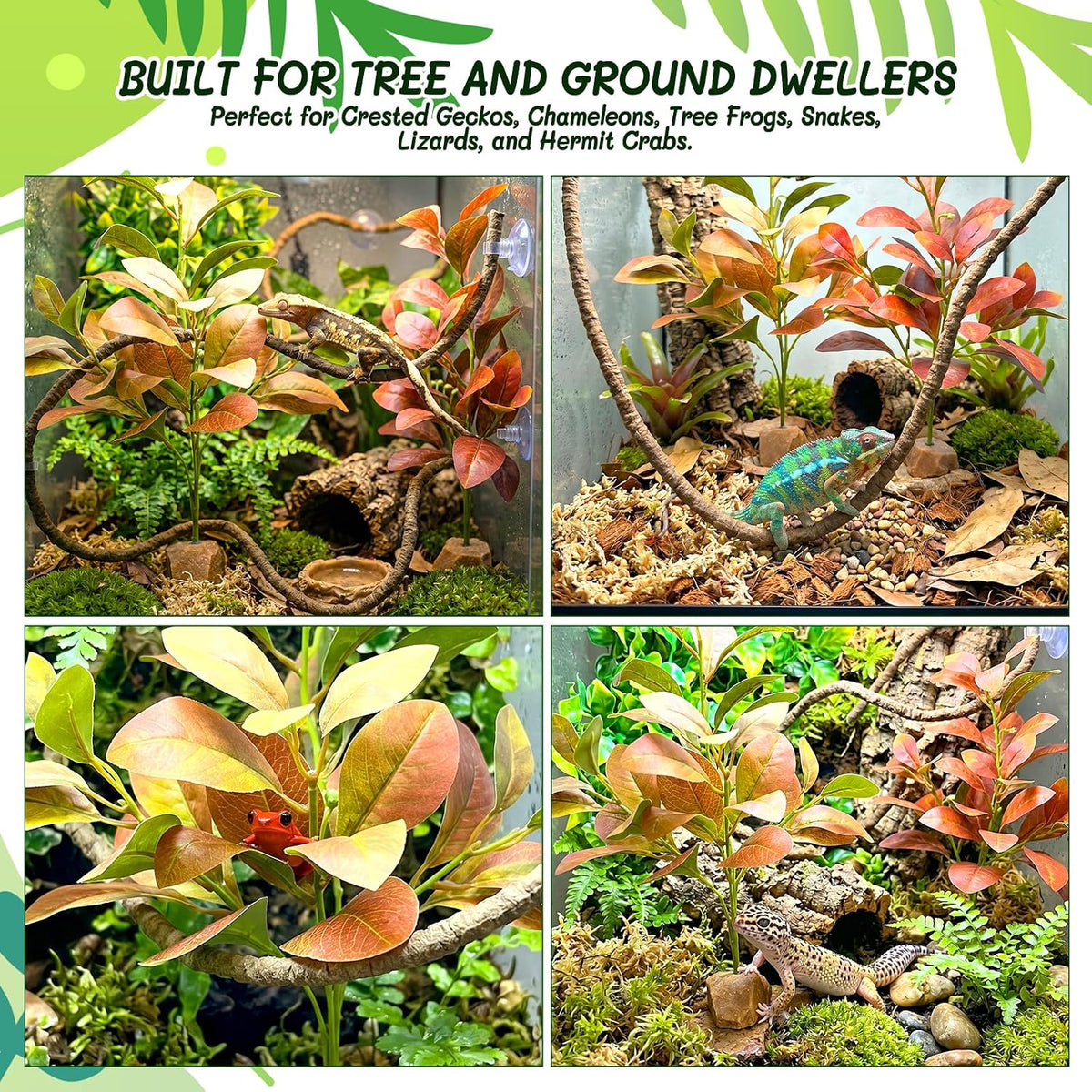 3PC Reptile Terrarium Habitat Decor Kit – Realistic Artificial Reptile Plants with Hanging Vine, Resin Stone Base – Jungle Rainforest Habitat & Climbing for Lizard & Amphibians (Syngonium)