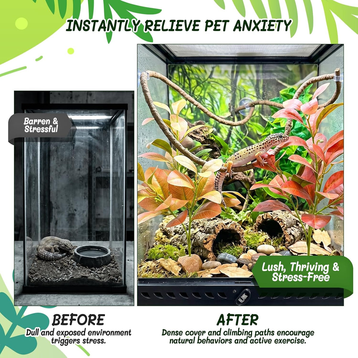 3PC Reptile Terrarium Habitat Decor Kit – Realistic Artificial Reptile Plants with Hanging Vine, Resin Stone Base – Jungle Rainforest Habitat & Climbing for Lizard & Amphibians (Syngonium)