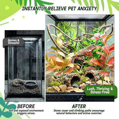 3PC Reptile Terrarium Habitat Decor Kit – Realistic Artificial Reptile Plants with Hanging Vine, Resin Stone Base – Jungle Rainforest Habitat & Climbing for Lizard & Amphibians (Syngonium)