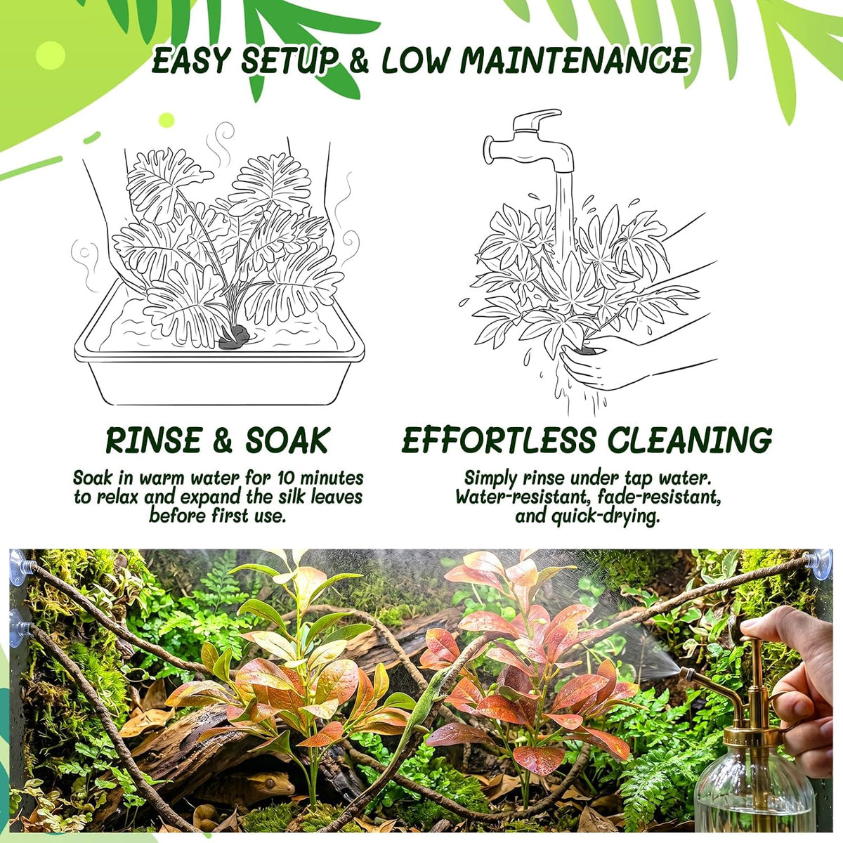 3PC Reptile Terrarium Habitat Decor Kit – Realistic Artificial Reptile Plants with Hanging Vine, Resin Stone Base – Jungle Rainforest Habitat & Climbing for Lizard & Amphibians (Syngonium)