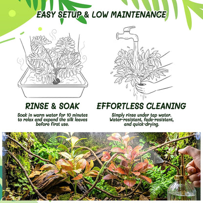 3PC Reptile Terrarium Habitat Decor Kit – Realistic Artificial Reptile Plants with Hanging Vine, Resin Stone Base – Jungle Rainforest Habitat & Climbing for Lizard & Amphibians (Syngonium)