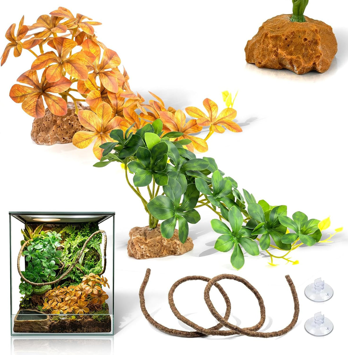 3PC Reptile Terrarium Habitat Decor Kit – Realistic Artificial Reptile Plants with Hanging Vine, Resin Stone Base – Jungle Rainforest Habitat & Climbing for Lizard & Amphibians (Syngonium)