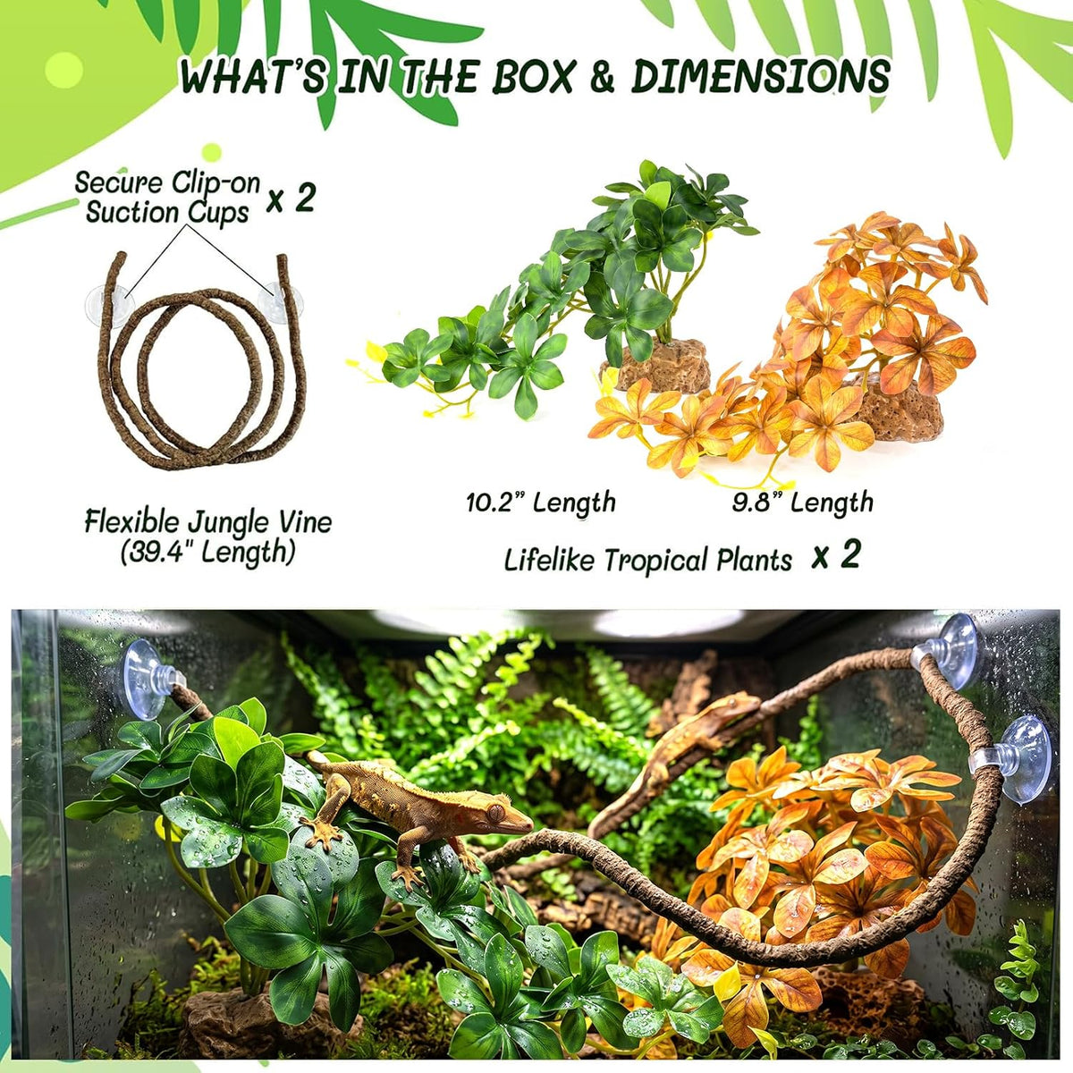 3PC Reptile Terrarium Habitat Decor Kit – Realistic Artificial Reptile Plants with Hanging Vine, Resin Stone Base – Jungle Rainforest Habitat & Climbing for Lizard & Amphibians (Syngonium)