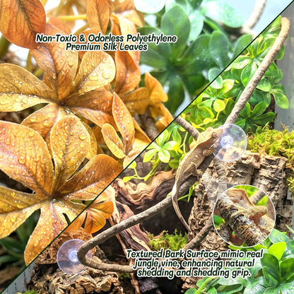 3PC Reptile Terrarium Habitat Decor Kit – Realistic Artificial Reptile Plants with Hanging Vine, Resin Stone Base – Jungle Rainforest Habitat & Climbing for Lizard & Amphibians (Syngonium)