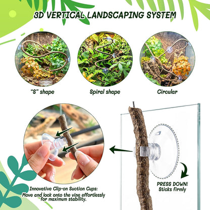 3PC Reptile Terrarium Habitat Decor Kit – Realistic Artificial Reptile Plants with Hanging Vine, Resin Stone Base – Jungle Rainforest Habitat & Climbing for Lizard & Amphibians (Syngonium)