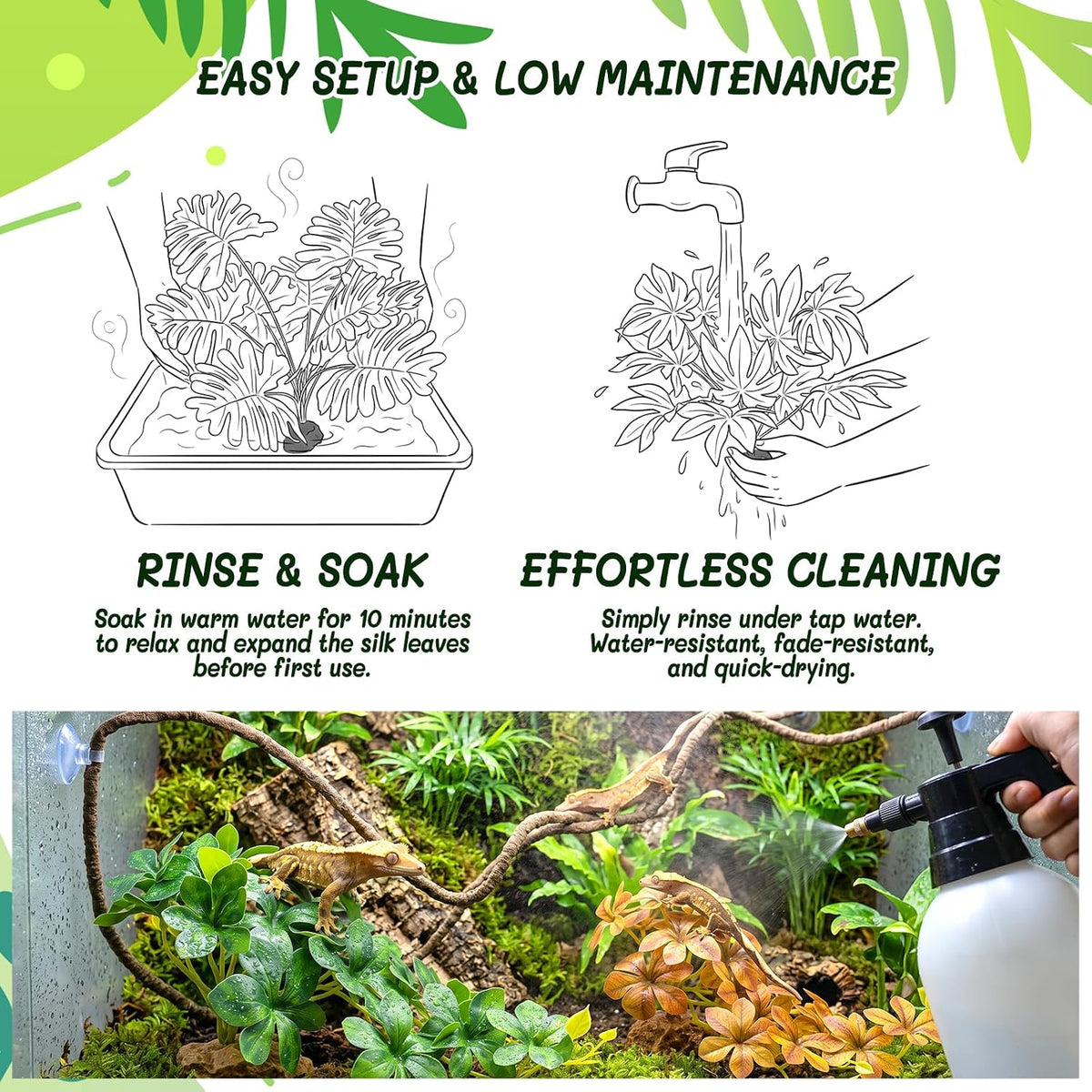 3PC Reptile Terrarium Habitat Decor Kit – Realistic Artificial Reptile Plants with Hanging Vine, Resin Stone Base – Jungle Rainforest Habitat & Climbing for Lizard & Amphibians (Syngonium)