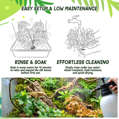 3PC Reptile Terrarium Habitat Decor Kit – Realistic Artificial Reptile Plants with Hanging Vine, Resin Stone Base – Jungle Rainforest Habitat & Climbing for Lizard & Amphibians (Syngonium)