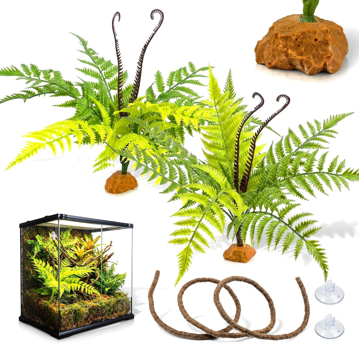 3PC Reptile Terrarium Habitat Decor Kit – Realistic Artificial Reptile Plants with Hanging Vine, Resin Stone Base – Jungle Rainforest Habitat & Climbing for Lizard & Amphibians (Syngonium)