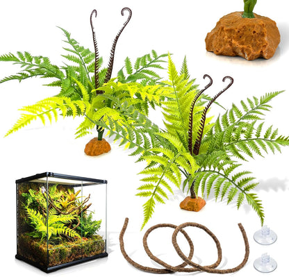 3PC Reptile Terrarium Habitat Decor Kit – Realistic Artificial Reptile Plants with Hanging Vine, Resin Stone Base – Jungle Rainforest Habitat & Climbing for Lizard & Amphibians (Syngonium)