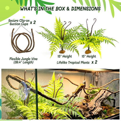 3PC Reptile Terrarium Habitat Decor Kit – Realistic Artificial Reptile Plants with Hanging Vine, Resin Stone Base – Jungle Rainforest Habitat & Climbing for Lizard & Amphibians (Syngonium)