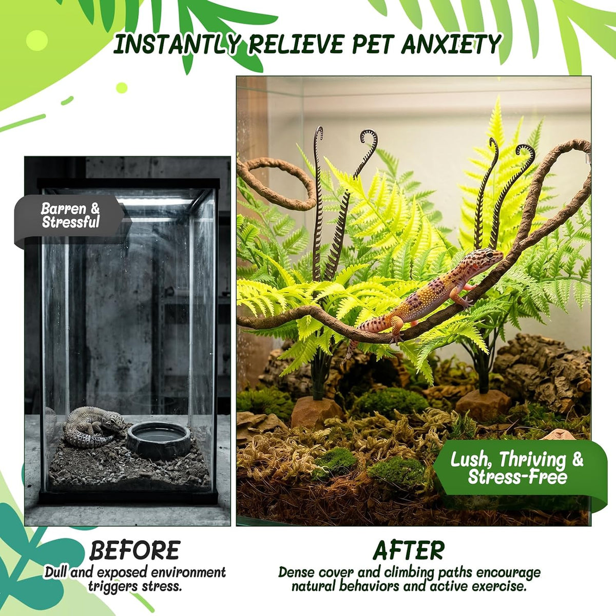 3PC Reptile Terrarium Habitat Decor Kit – Realistic Artificial Reptile Plants with Hanging Vine, Resin Stone Base – Jungle Rainforest Habitat & Climbing for Lizard & Amphibians (Syngonium)