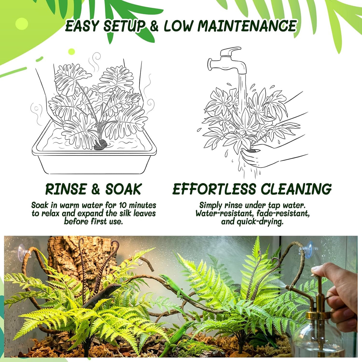 3PC Reptile Terrarium Habitat Decor Kit – Realistic Artificial Reptile Plants with Hanging Vine, Resin Stone Base – Jungle Rainforest Habitat & Climbing for Lizard & Amphibians (Syngonium)