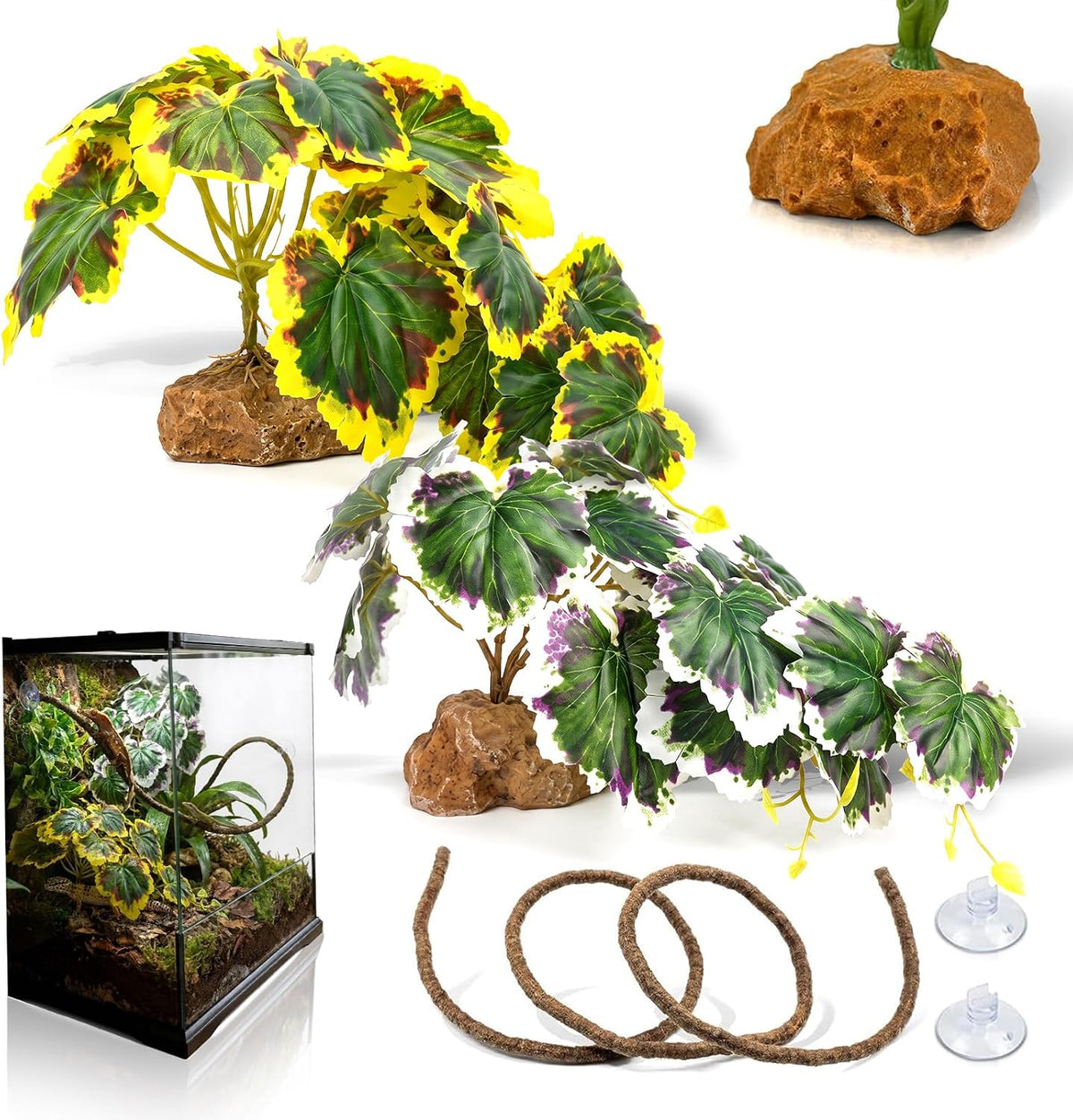 3PC Reptile Terrarium Habitat Decor Kit – Realistic Artificial Reptile Plants with Hanging Vine, Resin Stone Base – Jungle Rainforest Habitat & Climbing for Lizard & Amphibians (Syngonium)