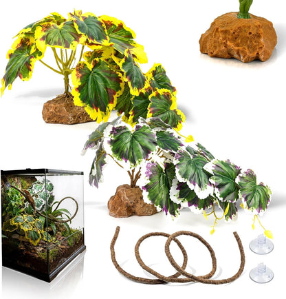 3PC Reptile Terrarium Habitat Decor Kit – Realistic Artificial Reptile Plants with Hanging Vine, Resin Stone Base – Jungle Rainforest Habitat & Climbing for Lizard & Amphibians (Syngonium)