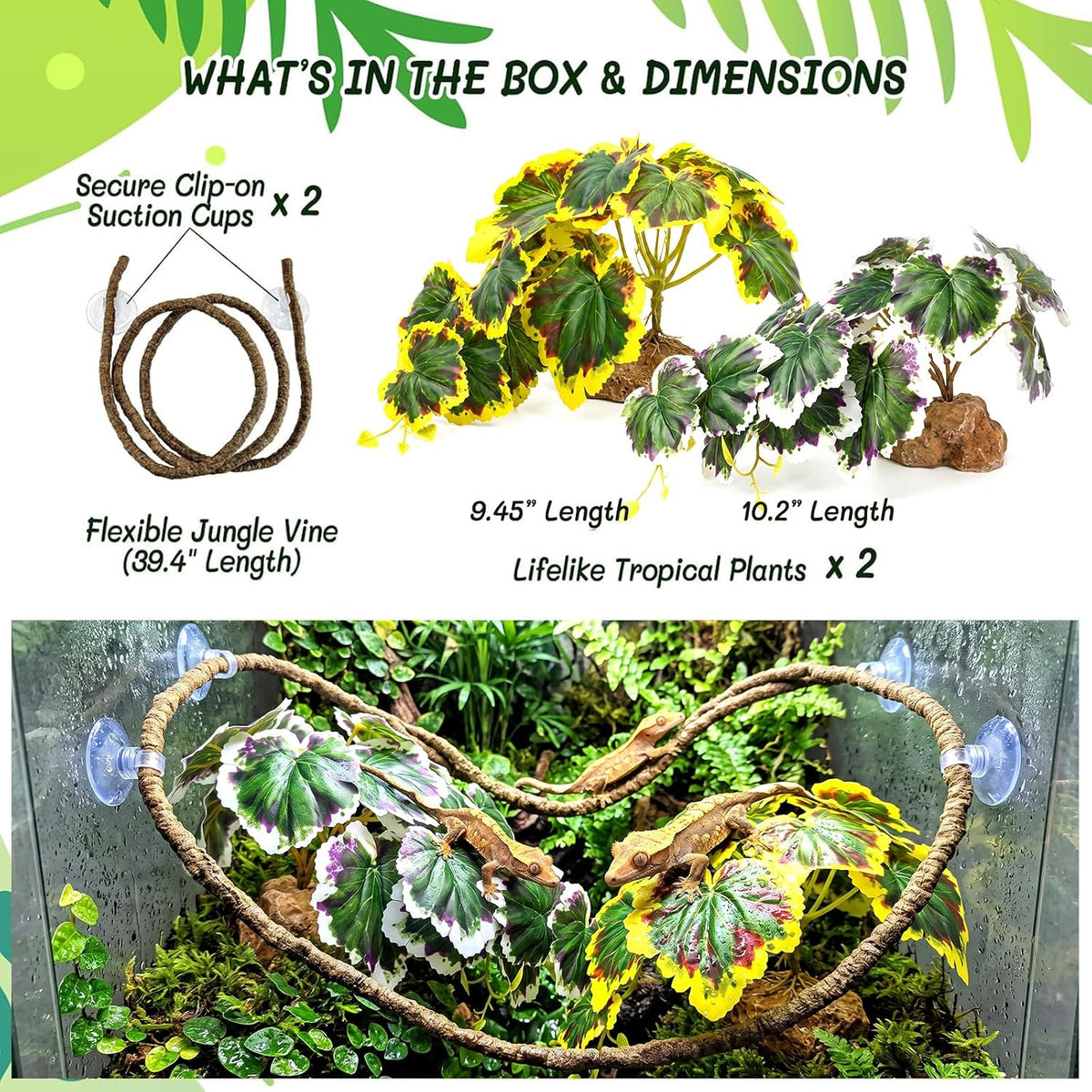 3PC Reptile Terrarium Habitat Decor Kit – Realistic Artificial Reptile Plants with Hanging Vine, Resin Stone Base – Jungle Rainforest Habitat & Climbing for Lizard & Amphibians (Syngonium)