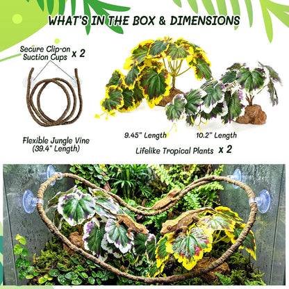 3PC Reptile Terrarium Habitat Decor Kit – Realistic Artificial Reptile Plants with Hanging Vine, Resin Stone Base – Jungle Rainforest Habitat & Climbing for Lizard & Amphibians (Syngonium)