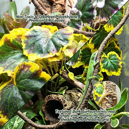 3PC Reptile Terrarium Habitat Decor Kit – Realistic Artificial Reptile Plants with Hanging Vine, Resin Stone Base – Jungle Rainforest Habitat & Climbing for Lizard & Amphibians (Syngonium)