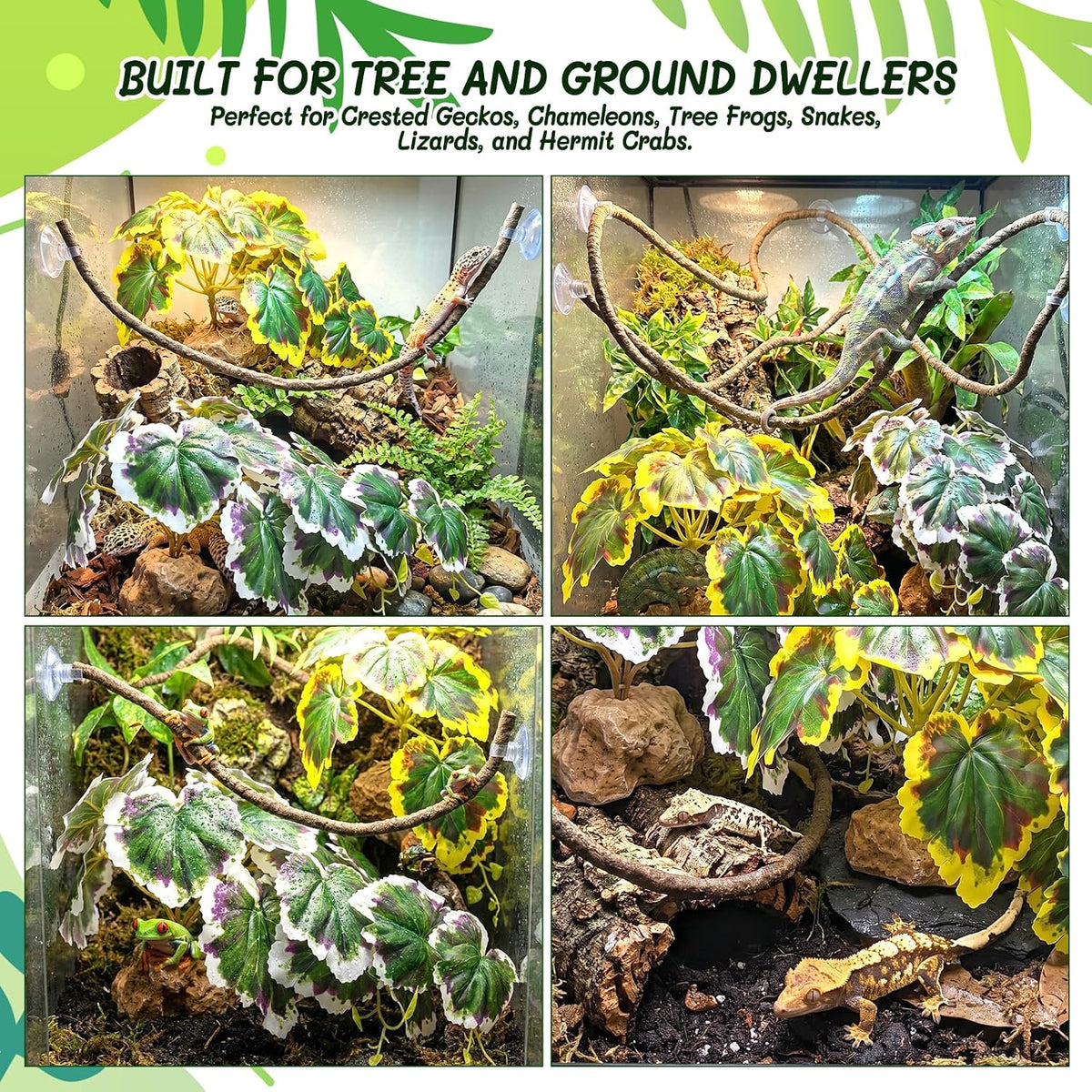 3PC Reptile Terrarium Habitat Decor Kit – Realistic Artificial Reptile Plants with Hanging Vine, Resin Stone Base – Jungle Rainforest Habitat & Climbing for Lizard & Amphibians (Syngonium)
