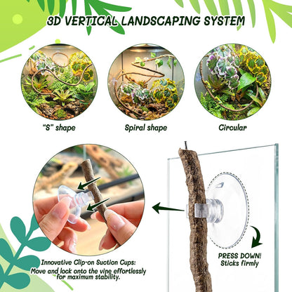3PC Reptile Terrarium Habitat Decor Kit – Realistic Artificial Reptile Plants with Hanging Vine, Resin Stone Base – Jungle Rainforest Habitat & Climbing for Lizard & Amphibians (Syngonium)