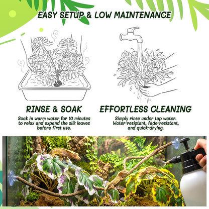 3PC Reptile Terrarium Habitat Decor Kit – Realistic Artificial Reptile Plants with Hanging Vine, Resin Stone Base – Jungle Rainforest Habitat & Climbing for Lizard & Amphibians (Syngonium)